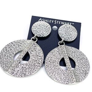 Ashley Stewart Big Silver Toned Statement Earrings with Rhinestones - NWT